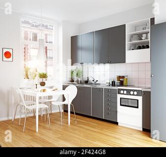 Moderne gemütliche Küche Interieur. 3D-rendering Design Konzept Stockfoto