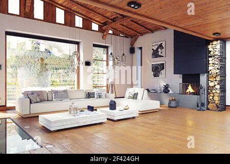 Modernes Chalet Interieur. 3D-Rendering Stockfoto