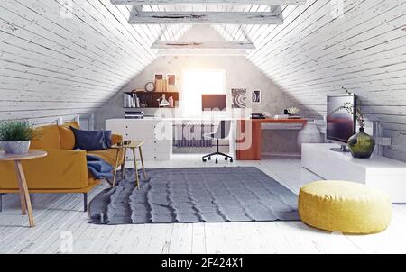 Moderne Dachgeschoss Interieur. 3D Rendering illustration Stockfoto