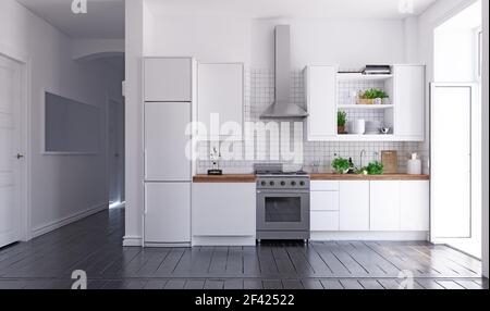 Moderne Küche Interieur. 3D-rendering Konzept Stockfoto