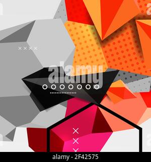 Farbe 3D geometrische Komposition Poster. Farbe 3D geometrische Komposition Poster. Vektordarstellung von bunten Dreiecken, Pyramiden, Sechsecken und anderen Formen auf grauem Hintergrund Stock Vektor