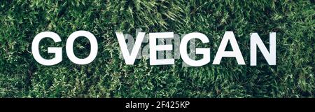 Wort gehen vegan auf Moos, grünes Gras Hintergrund. Draufsicht. Speicherplatz kopieren. Banner. Biophilie-Konzept. Naturkulisse Stockfoto