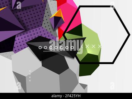 Farbe 3D geometrische Komposition Poster. Farbe 3D geometrische Komposition Poster. Vektordarstellung von bunten Dreiecken, Pyramiden, Sechsecken und anderen Formen auf grauem Hintergrund Stock Vektor