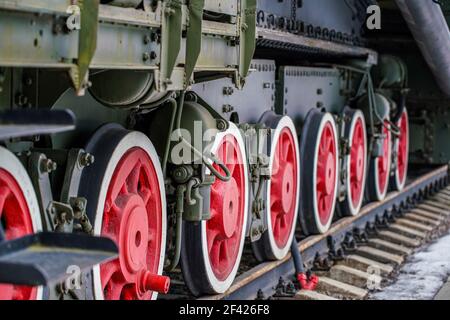 Detail der Räder auf einem Dampfzug. Hochwertige Fotos Stockfoto