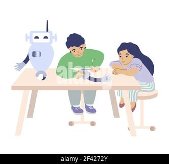 Glückliche Kinder, Junge und Mädchen machen intelligente Roboter, flache Vektor-Illustration. Roboterschule, Klasse, Kinderingenieurverein. Stock Vektor