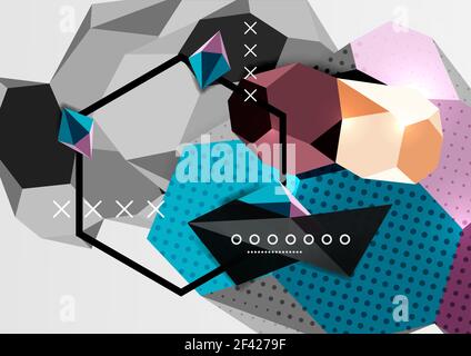Farbe 3D geometrische Komposition Poster. Farbe 3D geometrische Komposition Poster. Vektordarstellung von bunten Dreiecken, Pyramiden, Sechsecken und anderen Formen auf grauem Hintergrund Stock Vektor