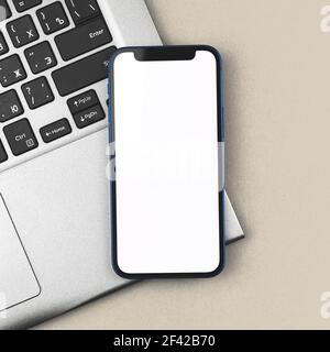 Business-Modell mit Mobiltelefon mit leerem weißen Bildschirm, Laptop im Hintergrund Stockfoto