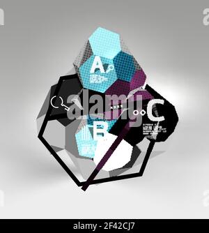 3D sechseckige geometrische Komposition, geometrischer digitaler abstrakter Hintergrund. 3D sechseckige geometrische Komposition, geometrischer digitaler abstrakter Hintergrund. Techno- oder Business-Präsentationsvorlage mit Beispieloptionen. Vektorgrafik Stock Vektor