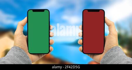 3D Vision Konzept durch die Verwendung moderner Smartphones mit blank bunt Angezeigt Stockfoto