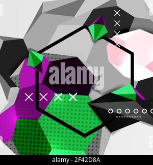 Farbe 3D geometrische Komposition Poster. Farbe 3D geometrische Komposition Poster. Vektordarstellung von bunten Dreiecken, Pyramiden, Sechsecken und anderen Formen auf grauem Hintergrund Stock Vektor