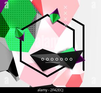 Farbe 3D geometrische Komposition Poster. Farbe 3D geometrische Komposition Poster. Vektordarstellung von bunten Dreiecken, Pyramiden, Sechsecken und anderen Formen auf grauem Hintergrund Stock Vektor