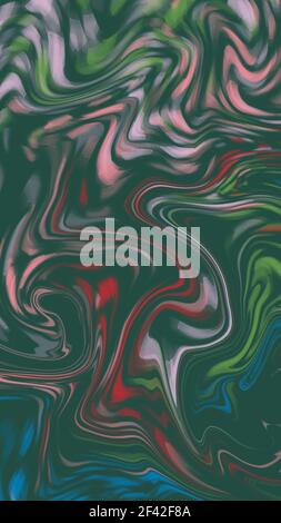 Ornamentaler Hintergrund mit abstrakten Mustern dominanter grüner Farben. Flüssige Malerei abstrakte Textur, Kunsttechnik. Eine bunte Kombination von Akry Stockfoto