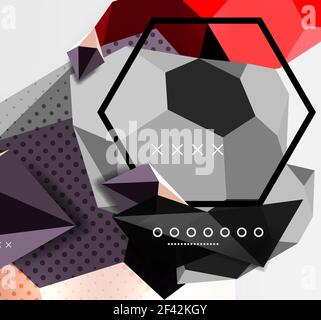 Farbe 3D geometrische Komposition Poster. Farbe 3D geometrische Komposition Poster. Vektordarstellung von bunten Dreiecken, Pyramiden, Sechsecken und anderen Formen auf grauem Hintergrund Stock Vektor