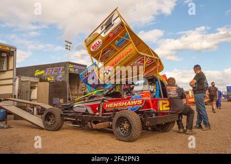 Weltmeister Brisca F1 Stock Car in den Boxen bei Trackstar Racing, Lynn Stadium, Norfolk. Stockfoto