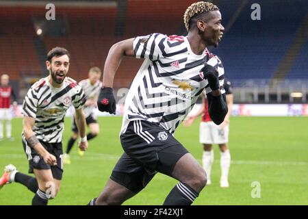 Mailand, Italien. März 2021, 18th. MAILAND, ITALIEN - 18. MÄRZ: Tor von Paul Pogba vom Manchester United FC während des UEFA Europa League Spiels zwischen AC Mailand und Manchester United FC im Stadio San Siro am 18. März 2021 in Mailand, Italien (Foto von Ciro Santangelo/Orange Pictures) Credit: Orange Pics BV/Alamy Live News Stockfoto