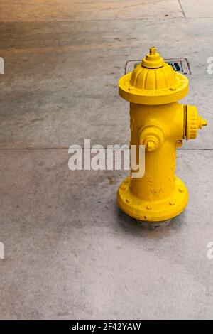 Gelber Metallhydrant auf Betonpflaster in Miami Stockfoto