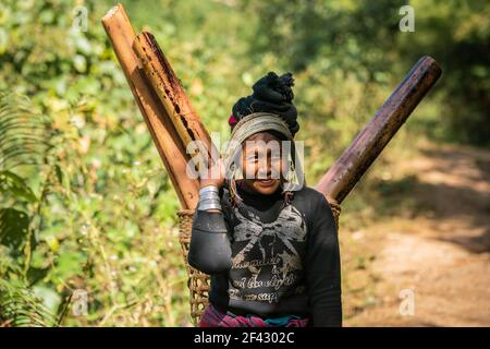 Porträt einer erwachsenen Frau des Stammes der Engstämme, die Bambusstämme im Packkorb trägt, in der Nähe von Kengtung, Myanmar Stockfoto