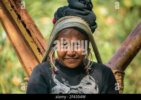 Porträt einer erwachsenen Frau des Stammes der Engstämme, die Bambusstämme im Packkorb trägt, in der Nähe von Kengtung, Myanmar Stockfoto