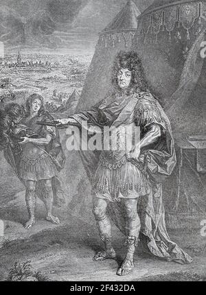 König von Frankreich Louis XIV. Gravur von 1694. Ludwig XIV. (Louis Dieudonné; 5. September 1638 – 1. September 1715), auch bekannt als Louis der große (Louis le Grand) oder der Sonnenkönig (le ROI Soleil), war König von Frankreich vom 14. Mai 1643 bis zu seinem Tod im Jahr 1715. Seine Regierungszeit von 72 Jahren und 110 Tagen ist die längste, die von jedem Monarchen eines souveränen Landes in der europäischen Geschichte verzeichnet wurde. Louis XIV's Frankreich war emblematisch für das Zeitalter des Absolutismus in Europa. Stockfoto