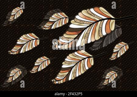 3D Wandtapete . Illustration von Blume, Weaving Hintergrundtextur für Wand . Illustration Baumblätter mit goldenen Gegenständen in dunklem abstraktem Rückengras Stockfoto