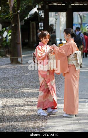 Elegante japanische Weibchen tragen Kimonos am Yasukini-Schrein, um die Kirschblütensaison in Tokio, Japan, zu feiern Stockfoto