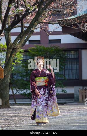 Elegante japanische Weibchen tragen Kimonos am Yasukini-Schrein, um die Kirschblütensaison in Tokio, Japan, zu feiern Stockfoto