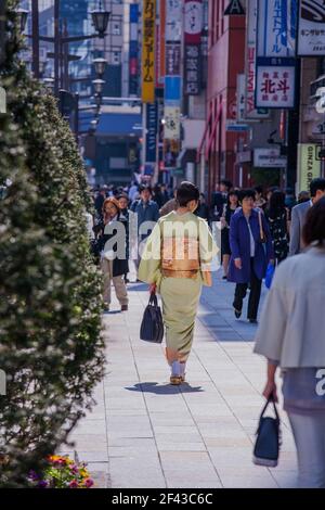 Volle Länge, Rückansicht der japanischen Frau, die in der Nachmittagssonne durch Ginza mit Kimono geht, Tokio, Japan Stockfoto