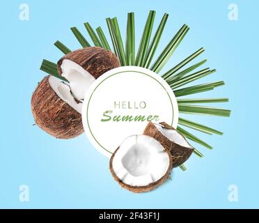 Reife Kokosnüsse, tropische Blätter und Text HALLO SOMMER auf farbigem Hintergrund Stockfoto