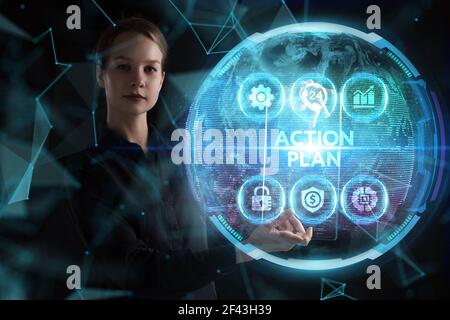 Business, Technologie, Internet und Netzwerkkonzept. Junger Geschäftsmann denkt über die Schritte für erfolgreiches Wachstum nach: Aktionsplan Stockfoto