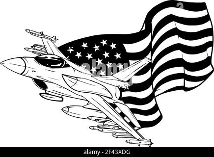 Zeichnen Sie in Schwarz und Weiß von militärischen Kampfjets mit amerikanischer Flagge. Vektorgrafik Stock Vektor