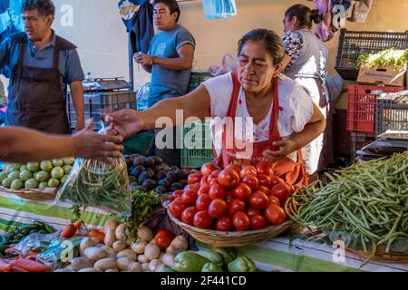 Oaxaca, Mexiko - 2019-11-30 - Frau Anbieter Hände grüne Bohnen an den Kunden. Stockfoto