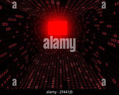 Roter Binärcode futuristische Passage oder Korridor. Matrix binärer Code Tunnel mit glänzendem roten Licht am Ende. Daten sicher, Hacker roten Raum, Eingang zu t Stockfoto