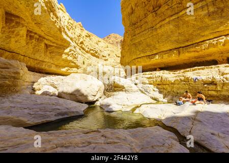 Ein Gedi, Israel - 13. März 2021: Blick auf die oberen Pools entlang des Arugot Baches, mit Besuchern, im ein Gedi Naturschutzgebiet, nahe dem Toten Meer, Sout Stockfoto