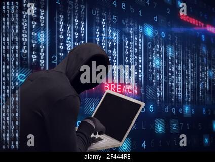 Zusammensetzung der binären Codierung und Cyber-Kriminalität Warnung Text über Hacker in der Haube mit Laptop Stockfoto