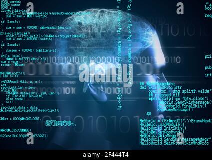 Zusammensetzung der binären Codierung und Datenverarbeitung über den menschlichen Kopf Stockfoto