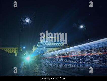 Zusammensetzung der binären Codierung über Stadtbild bei Nacht Stockfoto