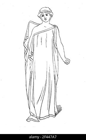 Woman's chiton while Dressing / Frau in einem Chiton Kleid, im antiken Griechenland das von Männern und Frauen unmittelbar am Körper getragene Unterkleid, Historisch, historisch, digital verbesserte Reproduktion eines Originals aus dem 19th. Jahrhundert / digitale Reproduktion einer Originalvorlage aus dem 19. Jahrhundert, Stockfoto