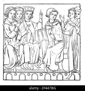 Edles Ritterkostüm, Mütze mit Kapuze oder Gugel, EIN gugel war eine Art Kapuze mit einem Nachlaufpunkt, die im mittelalterlichen Deutschland populär getragen wird, ca. 1300, Modegeschichte, Kostümgeschichte / edle ritterliche Männertracht, Mütze mit Kapuze oder Gugel, eine Gugel war eine Art Kapuze mit nachlaufender Spitze, die im mittelalterlichen Deutschland gerne getragen wurde, ca. 1300, Modegeschichte, Kostümgeschichte, Historisch, historisch, Digitale verbesserte Reproduktion eines Originals aus dem 19th. Jahrhundert / digitale Reproduktion einer Originalvorlage aus dem 19. Jahrhundert, Stockfoto