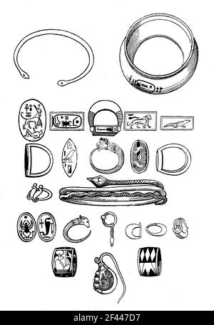 Altes ägypten, Schmuck, Armbänder, Ringe, Ohrringe, 18th Dynastie, Modegeschichte, Kostümgeschichte / altes Ägypten, Schmuck, Armbänder, Ringe, Ohrringe, 18. Dynastie, Geschichte der Mode, Historisch, historisch, digital verbesserte Reproduktion eines Originals aus dem 19th. Jahrhundert / digitale Reproduktion einer Originalvorlage aus dem 19. Jahrhundert, Stockfoto