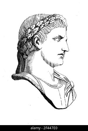 Konstantin I., Flavius Valerius Constantinus, 27. Februar 272 - 22. Mai 337, auch bekannt als Konstantin der große, war ein römischer Kaiser von 306 bis 337 / Konstantin I., Flavius Valerius Constantinus, 27. Februar 272 - 22. Mai 337, auch bekannt als Konstantin der große, war ein römischer Kaiser von 306 bis 337, Historisch, historisch, digital verbesserte Reproduktion eines Originals aus dem 19th. Jahrhundert / digitale Reproduktion einer Originalvorlage aus dem 19. Jahrhundert, Stockfoto