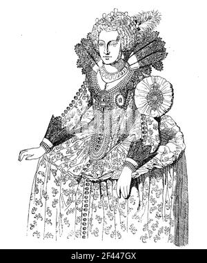 Elizabeth Stuart, 19. August 1596 - 13. Februar 1662, Kurfürstin der Pfalz und kurz Königin von Böhmen als Ehefrau Friedrichs V. von der Pfalz, in Vertugado-Kleid, Modegeschichte, Kostümgeschichte / Elizabeth Stuart, 19. 1596. Bis 13. August. Februar 1662, Kurfürstin von der Pfalz und kurzzeitig Königin von Böhmen als Gemahlin Friedrichs V. von der Pfalz, in einem Verdugado, ein Unterrock, der ursprünglich aus Korbgeflecht hergestellt wurde, Modegeschichte, Kostümgeschichte, Historisch, Historisch, Historisch, Digitale verbesserte Reproduktion eines Originals aus dem 19th. Jahrhundert / digitale repr Stockfoto