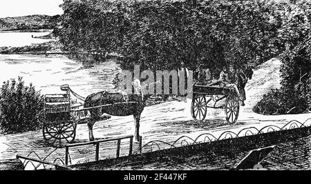 Eine 19th Jahrhundert Illustration von jaunting Auto, eine Landstraße in der Nähe von Lough Leane, in Killarney, County Kerry, Irland Stockfoto