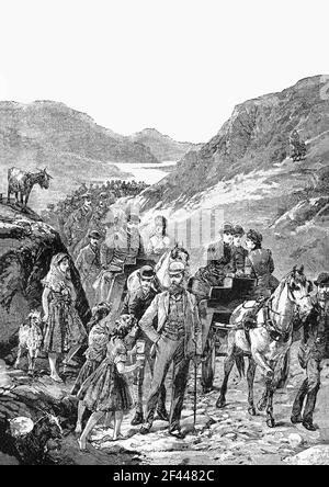 Eine Illustration aus dem 19th. Jahrhundert des 1861 Besuchs der britischen Königsfamilie in The Gap of Dunloe, Killarney, County Kerry, Irland, die Killarney als Reiseziel auf die Karte gesetzt hat und seitdem noch nie zurückgeschaut hat. Stockfoto