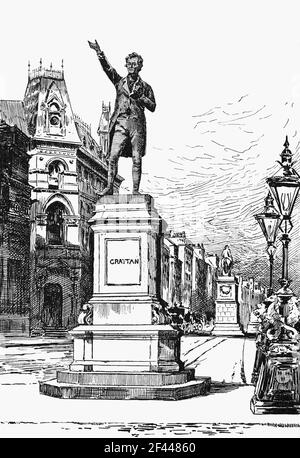 19th Jahrhundert Illustration der Statue von Henry Grattan in College Green Facing Trinity College, Dublin, erstellt von John Henry Foley im Jahr 1876. Grattan (1746-1820) war ein irischer Politiker und Anwalt, der sich Ende des 18th. Jahrhunderts für die gesetzgeberische Freiheit des irischen Parlaments von Großbritannien aus einsetzte. Stockfoto