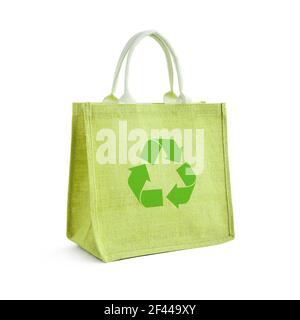 Hessische oder Jute Einkaufstasche mit Recycling- oder wiederverwendbarem Schild Stockfoto