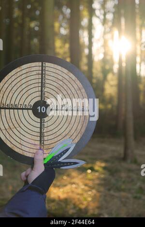 Wurfmesser. Sport und Hobby Konzept.Wurfmesser und Ziel in der Hand auf verschwommenem Wald Hintergrund.Outdoor-Sport. Aktive Sportarten im Wald Stockfoto