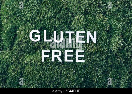 Inschrift Glutenfrei auf Moos, grünes Gras Hintergrund. Draufsicht. Speicherplatz kopieren. Banner. Biophilie-Konzept. Naturkulisse. Gesunde Ernährung Stockfoto