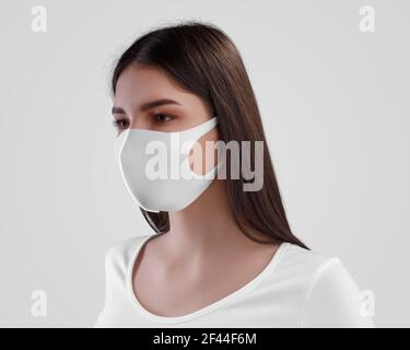 Mockup einer weißen medizinischen Maske auf einem schönen Mädchen mit dunklen Haaren, Schutz für das Gesicht vor Viren, Grippe, isoliert auf dem Hintergrund. Raspiratemplat Stockfoto