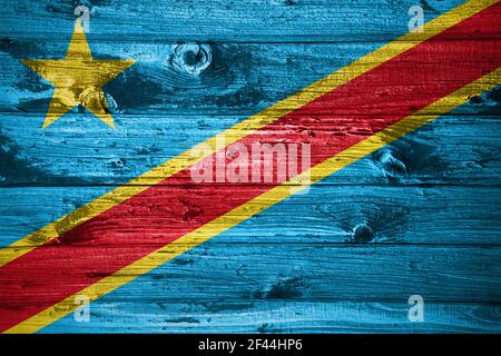 Demokratische Republik Kongo Flagge auf Holzplanken Hintergrund Holz Alarmmeldung Stockfoto
