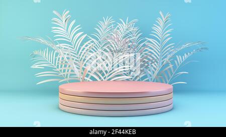 Minimale Podium-Szene mit weißen Palmblättern 3D Rendering Stockfoto